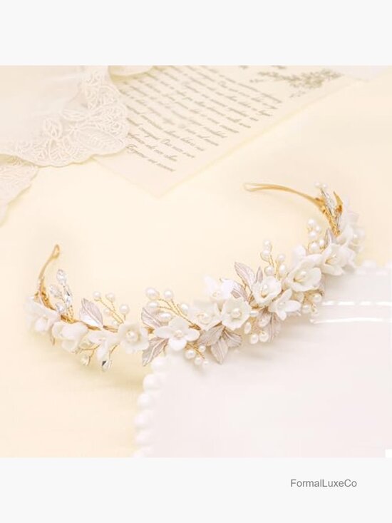 Gold Bridal Headband With Ceramic Flowers And Pearls For Wedding main image 6
